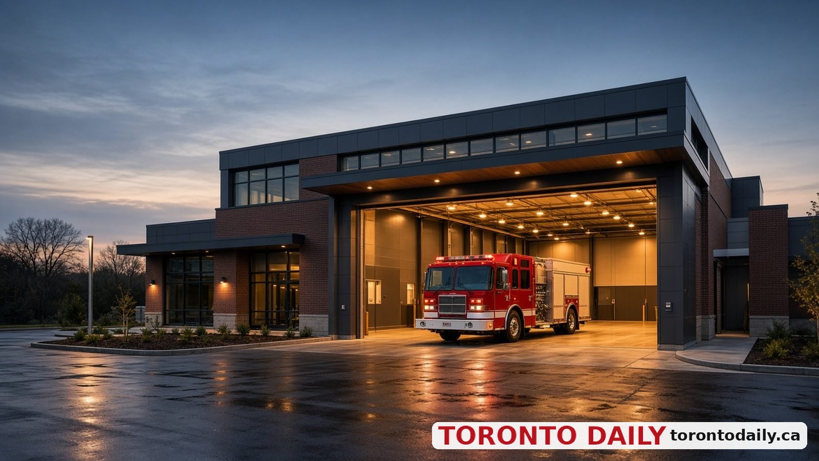 Modern fire station with a red fire truck and autumn trees in Aurora