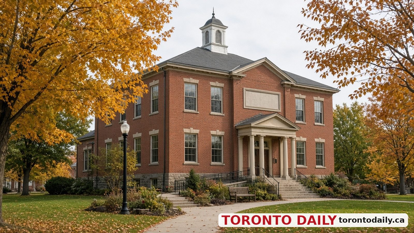 Historic red-brick hall with autumn trees on a small-town Ontario street in Aurora