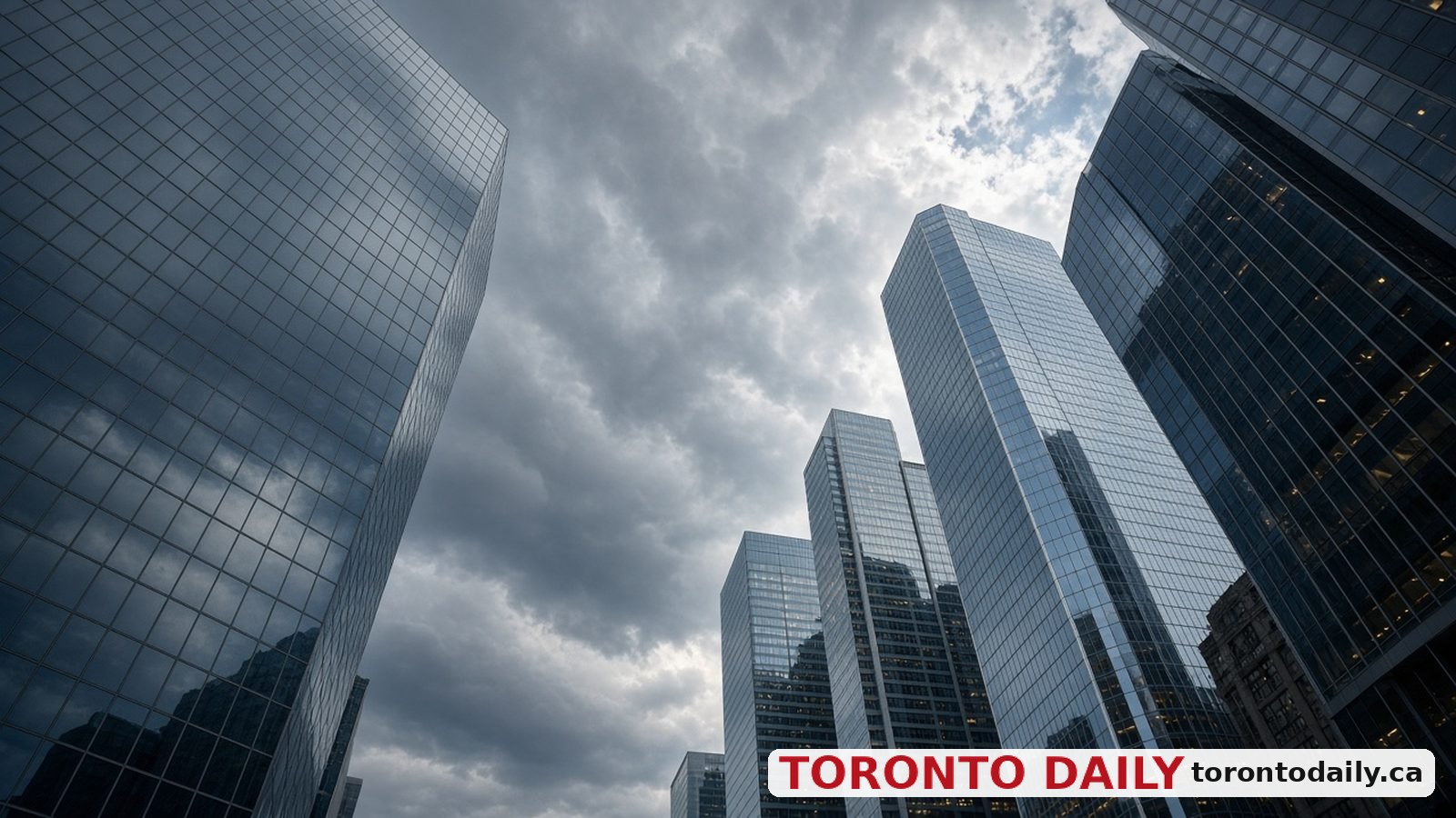Downtown Toronto glass office towers with autumn trees and pedestrians
