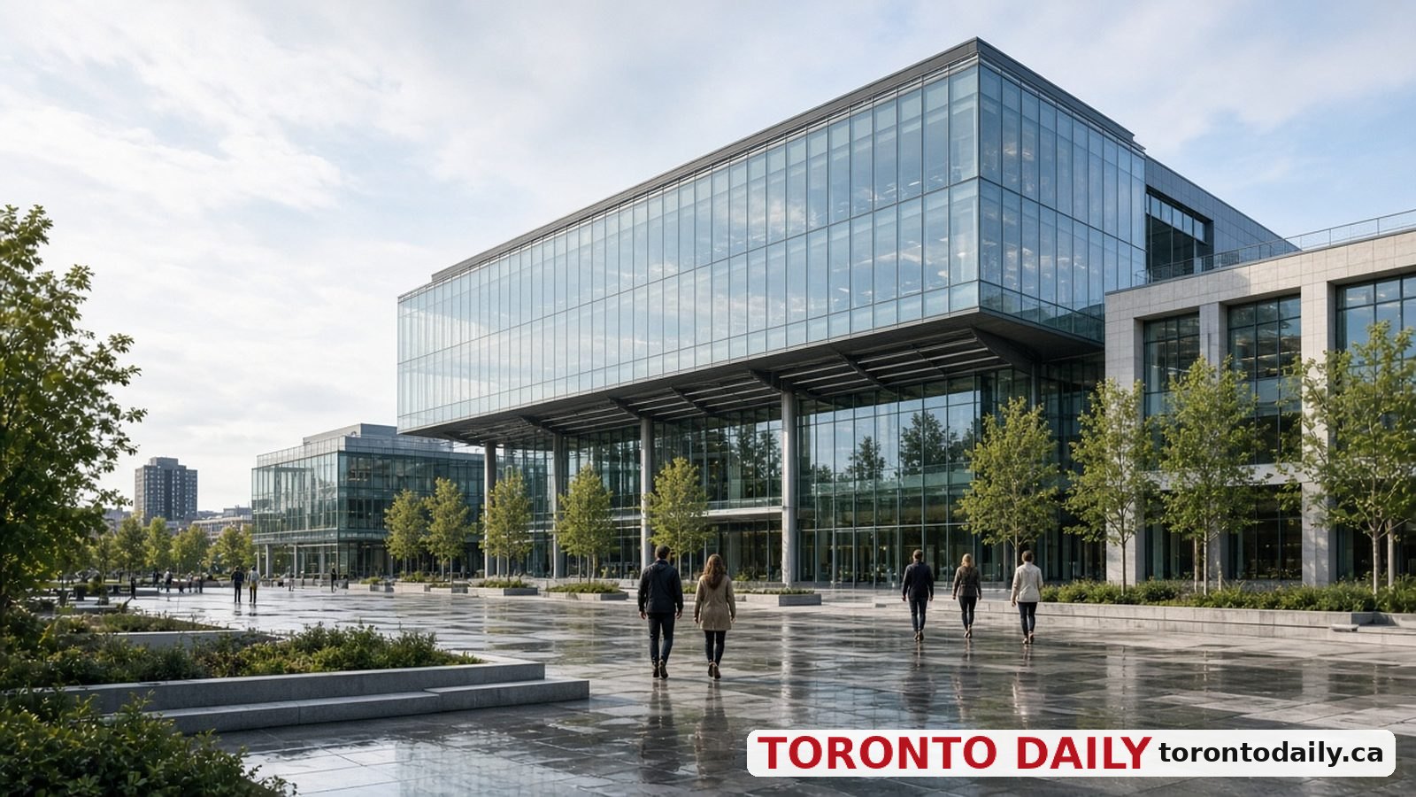 Modern glass municipal office building at dusk in Brampton