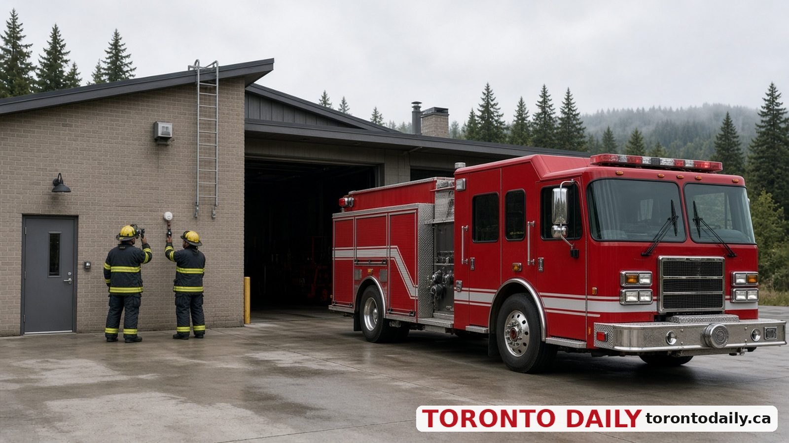 Fire truck outside a fire station with firefighters seen from behind in Brampton