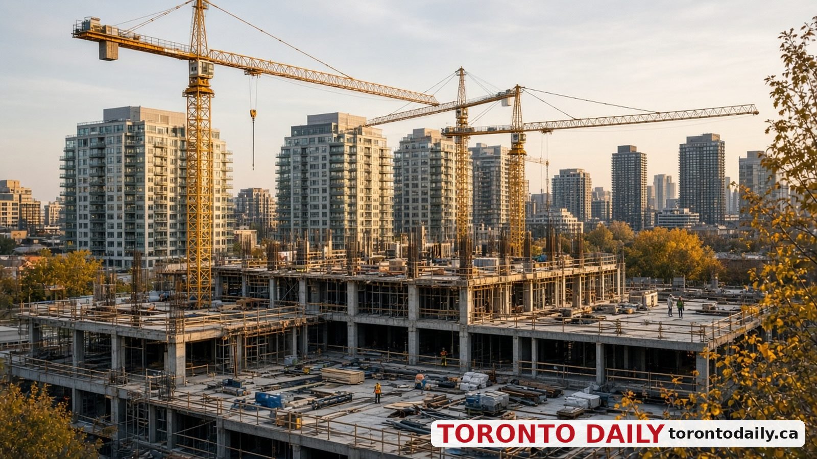 Residential buildings under construction with tower cranes and the Toronto skyline