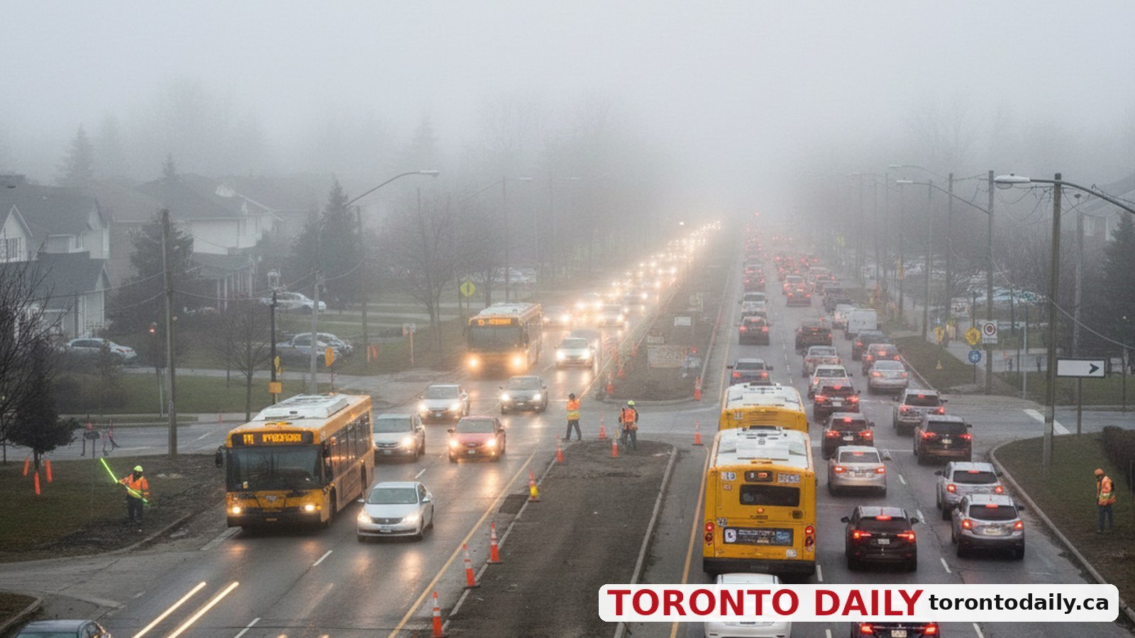 Fog Advisory and Transit Detours Impact Vaughan, Richmond Hill, and Markham Residents This Week — AI-generated editorial image