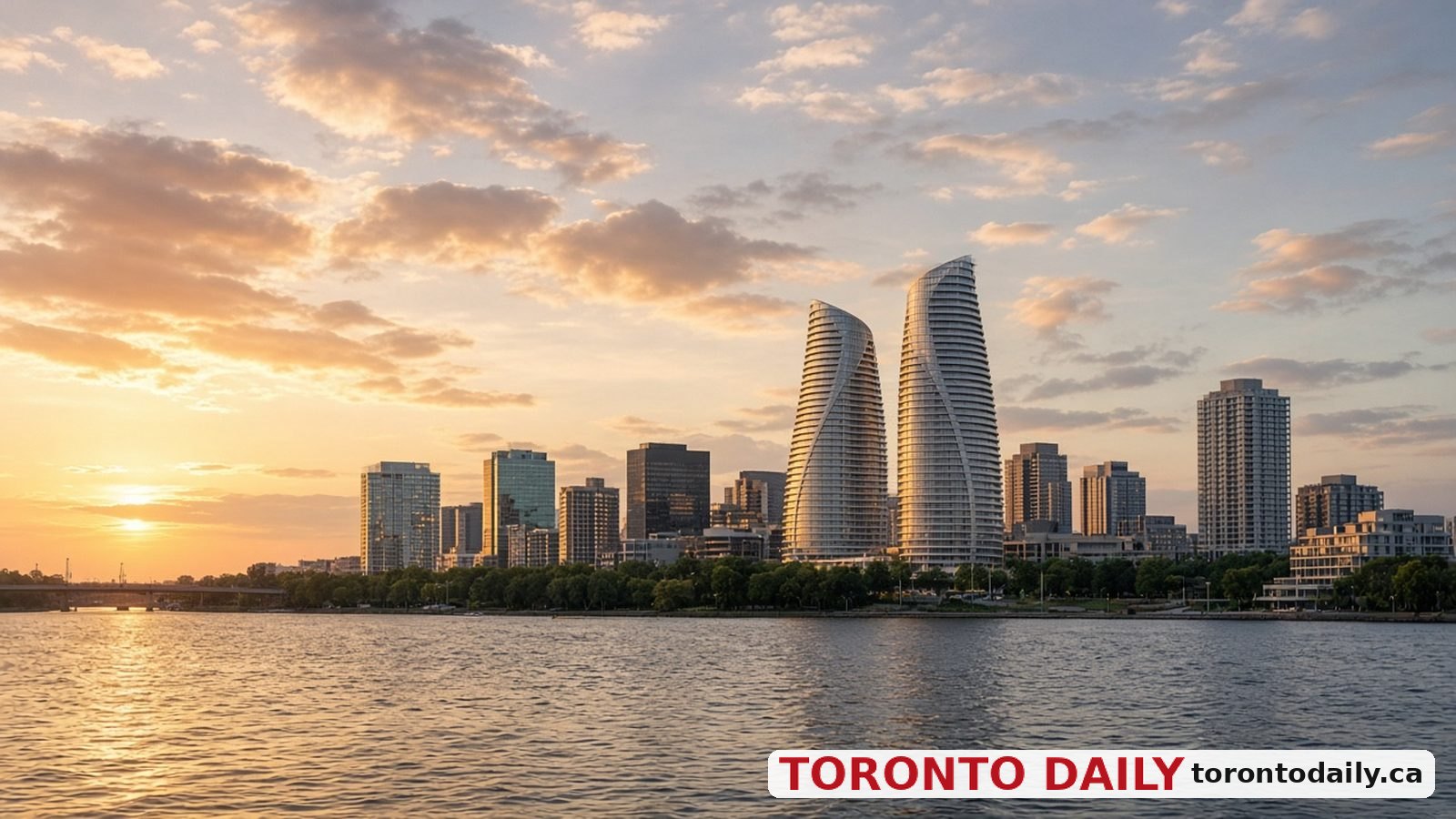 Mississauga skyline with modern condominium towers, a civic building and autumn trees