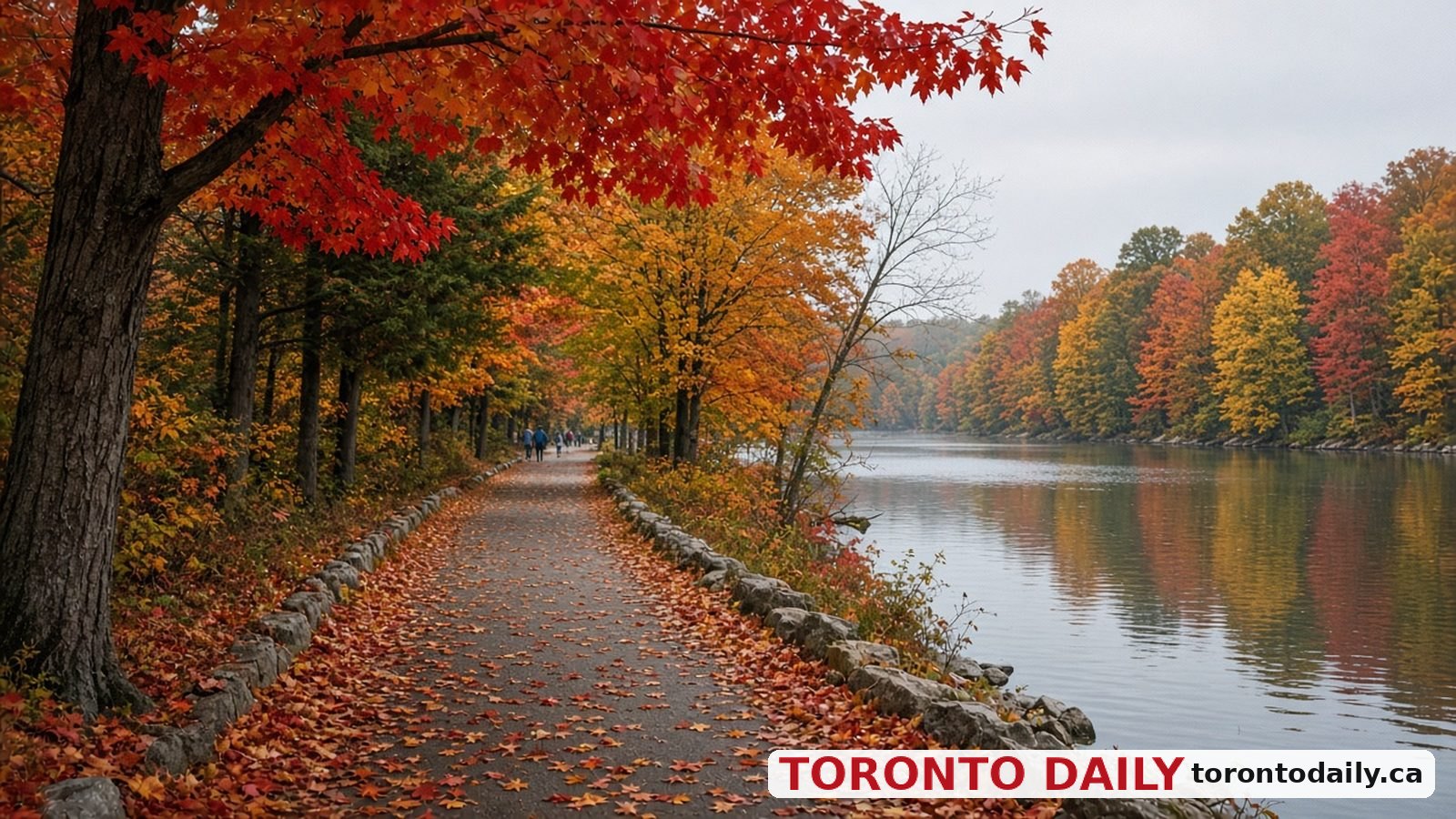 Park trail beside a pond with red and orange autumn maple trees in Mississauga