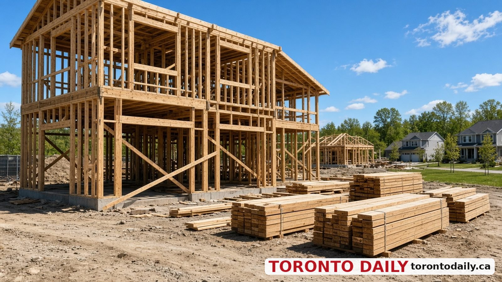 Wooden framing of new suburban homes under construction in Ontario