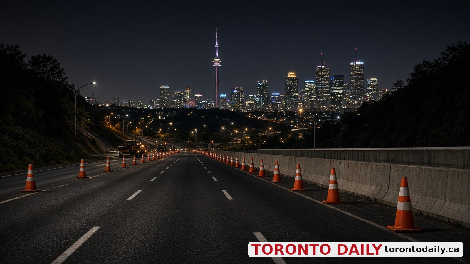Toronto expressway at night with traffic cones closing lanes and the downtown skyline